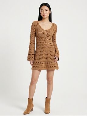 NWOT Crochet Tie-Front Bell Sleeve Mini Dress Size S/6/M